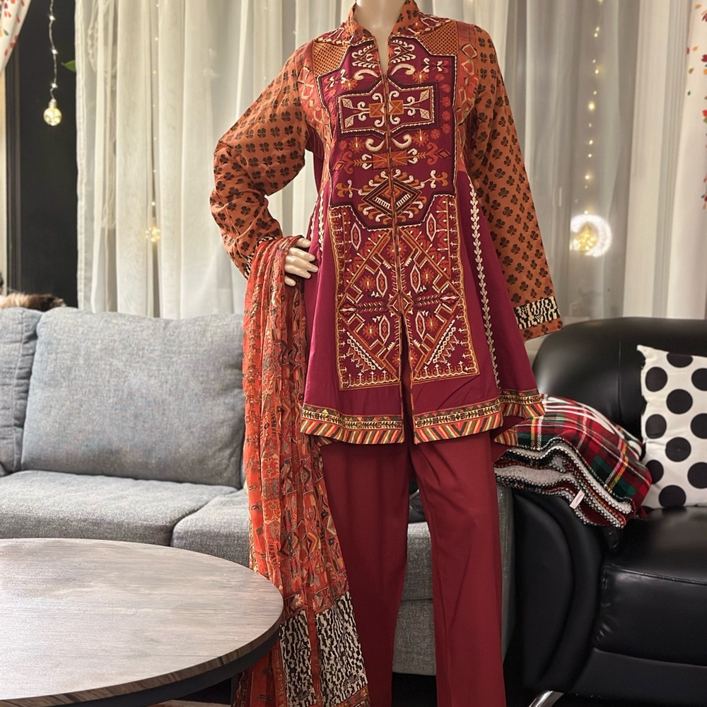 Pakistani Branded Almira Rust Printed Embroidered Kameez Shalwar Casual Wear